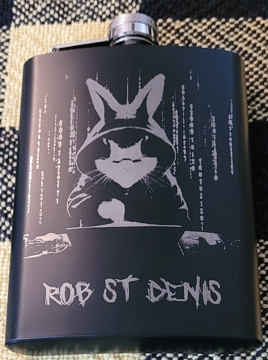 A bunny hacker engraved on a black flask