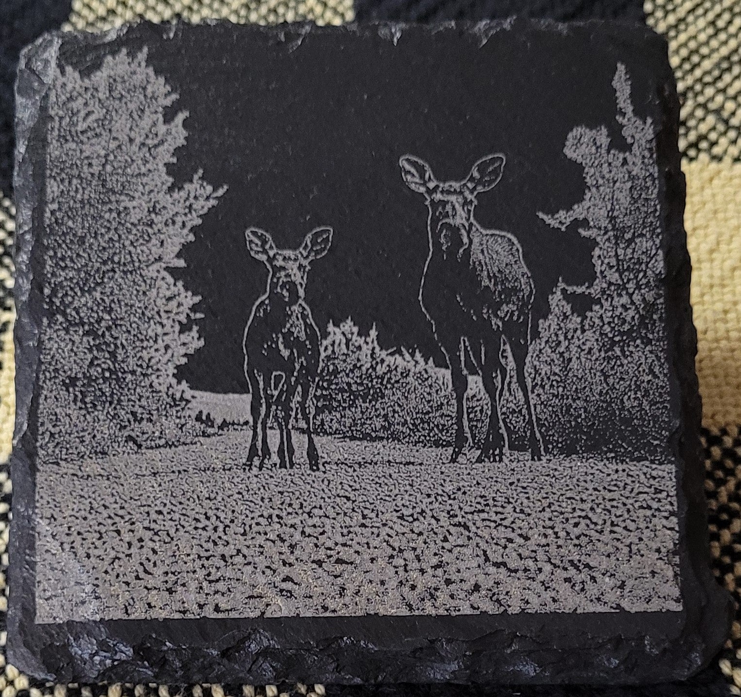 Engraved slate with two moose in a forest design